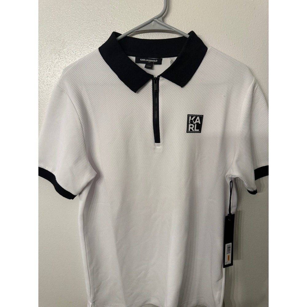 Karl Lagerfeld‎ Men's White Textured Zip Polo Shirt S/P CH Black Collar Trim